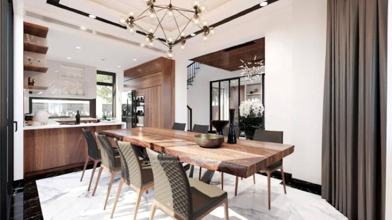 Sẽ là một gợi ý sáng tạo sẽ khiến bạn thích thú như trong mẫu thiết kế không gian bếp hiện đại biệt thự Vinhomes Imperia Hải Phòng trong đây, bố trí kệ trang trí ở vị trí gần bàn ăn nhất giúp bạn lấy ly, chén một cách dễ dàng. Thiết kế nội thất
