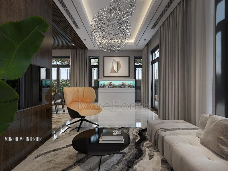 Thảm lông mềm nghệ thuật tạo sự phân chia độc đáo cho phòng khách hiện đại sang trọng. Thiết kế nội thất