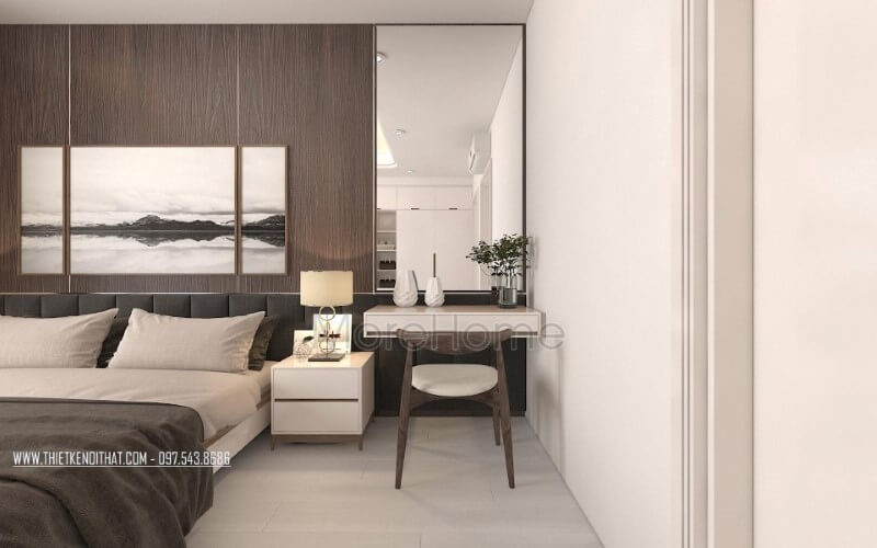 Bàn trang điểm kết hợp gương trang trí ốp tường hình chữ nhật tạo không gian phòng ngủ đơn giản nhưng hiện đại, đẹp, sang trọng. Thiết kế nội thất