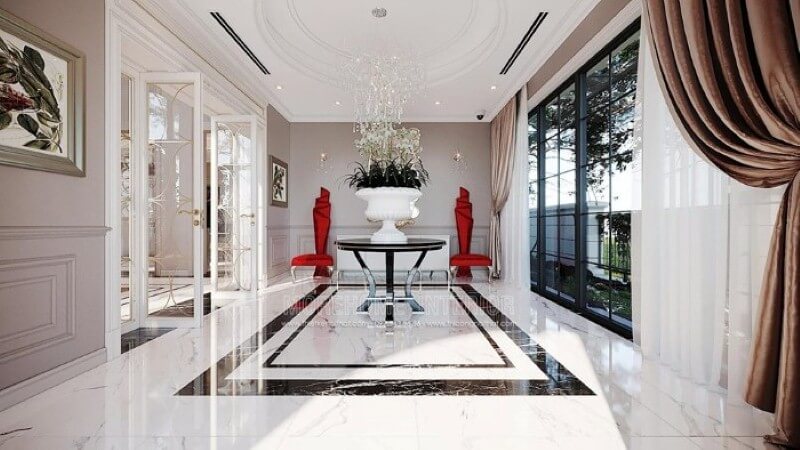 Bộ bàn ghế trang trí sảnh chờ đẹp, sang trọng độc đáo với sắc đỏ nổi bật. Thiết kế nội thất biệt thự tại Hà Nội