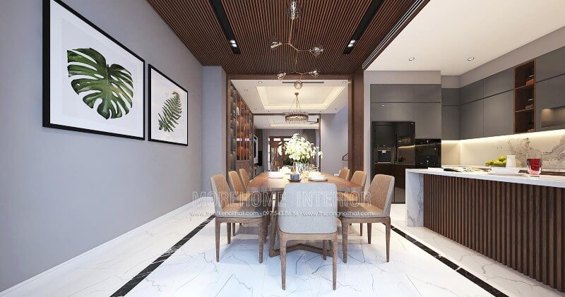 Bố trí nội thất phòng ăn liền bếp hiện đại đẹp sang trọng cho nhà phố, biệt thự tại Vinh, Nghệ An. Thiết kế nội thất biệt thự tại Hà Nội