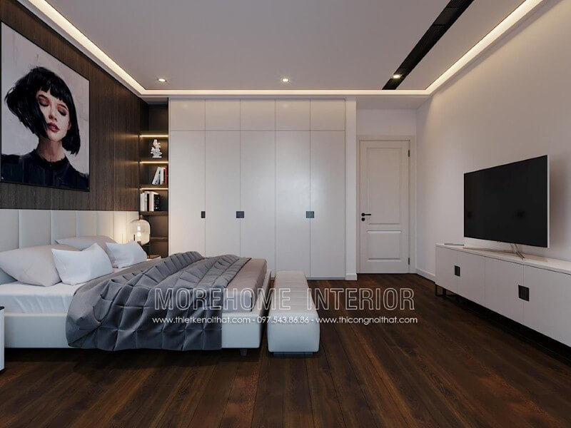 Ánh sáng được trang trí đơn giản với đèn âm trần nhưng lại tạo nét đẹp sang trọng độc đáo cho phòng ngủ hiện đại. Thiết kế nội thất biệt thự tại Hà Nội