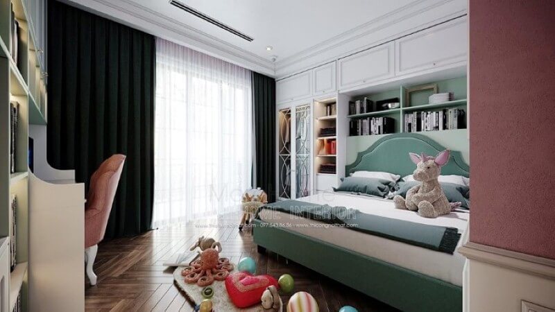 Bố trí nội thất phòng ngủ con gái ấn tượng với bố trí giường ngủ, kệ tủ trang trí khoa học giúp không gian thông thoáng tối đa nhưng vẫn đảm bảo công năng, tính thẩm mỹ. Thiết kế nội thất biệt thự tại Hà Nội