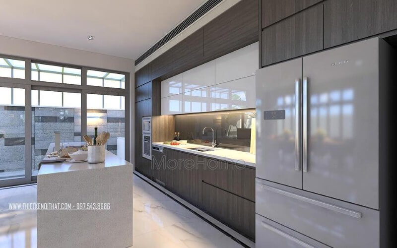 Thiết kế nội thất phòng bếp hiện đại, sang trọng từ tủ bếp gỗ công nghiệp acrylic đồng màu cùng đá ốp cao cấp. Thiết kế nội thất biệt thự tại Hà Nội