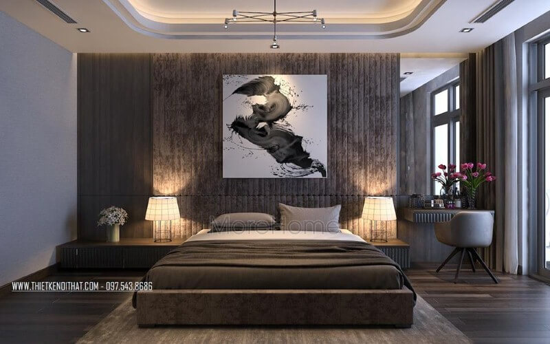 Tranh trang trí nghệ thuật tạo điểm nhấn độc đáo cho phòng ngủ master hiện đại. Thiết kế nội thất