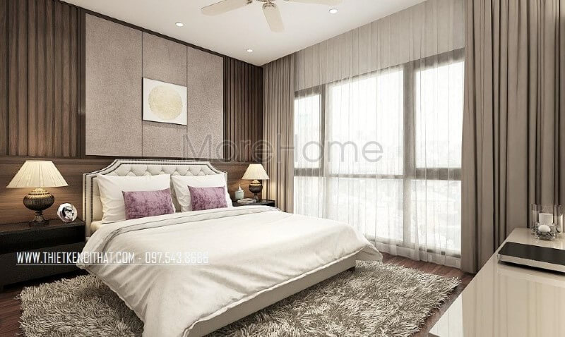 Giường ngủ bọc nệm tone sữa cùng họa tiết trang trí đẹp mắt từ các nút nệm cùng đường nét uốn lượn đầu giường tạo điểm nhấn độc đáo cho phòng ngủ master hiện đại. Thiết kế nội thất