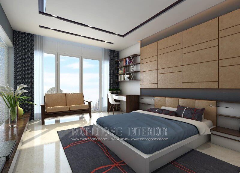 . Giường ngủ gỗ công nghiệp màu trắng ấn tượng, đặc biệt là phần đầu giường được thiết kế bọc da giúp tạo nên một điểm nhấn lạ mắt hơn.